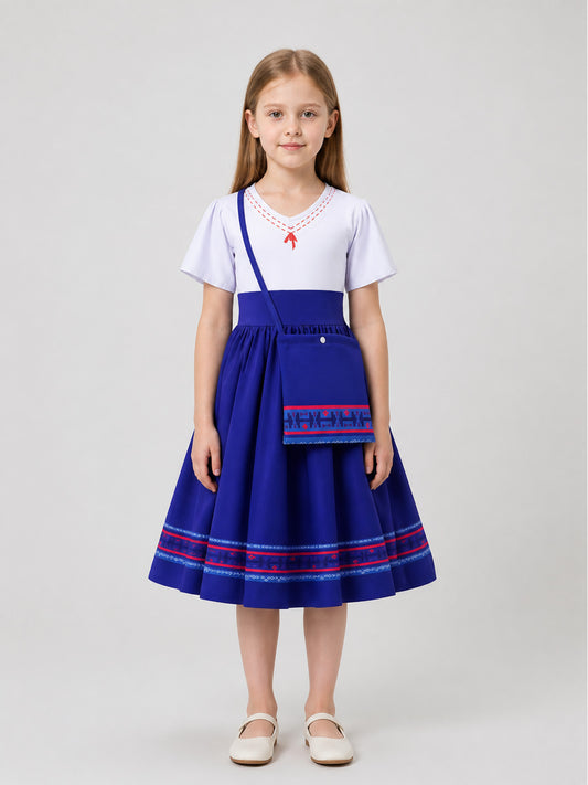 Children’s cosplay dress with handbag, white and blue on-model view