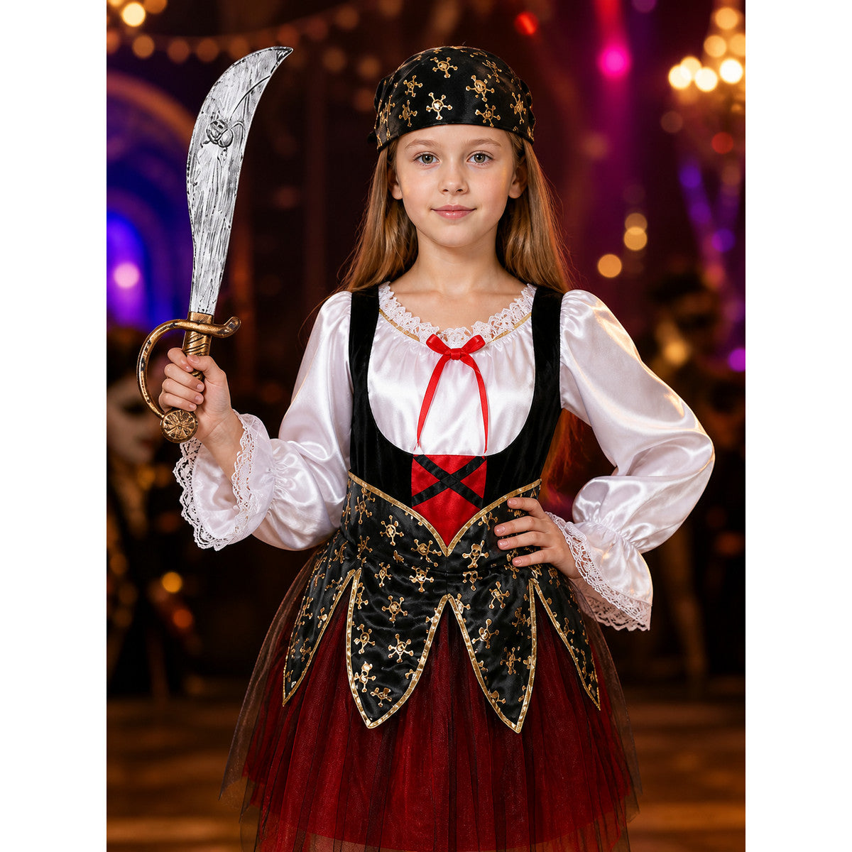Kids Pirate Costume Set with Skull Print, Layered Skirt & Hat - Halloween on-model view
