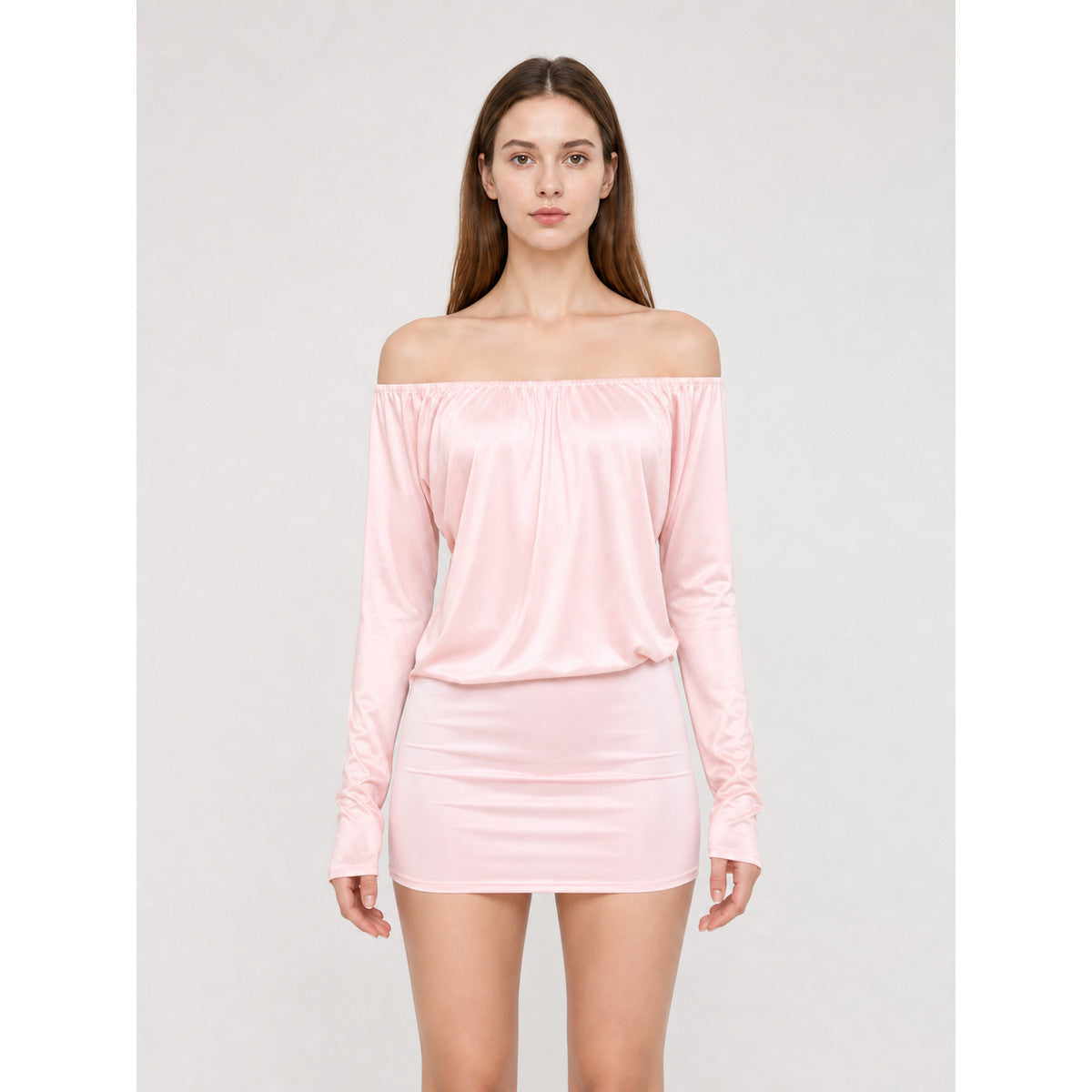 Fitted off-the-shoulder mini dress with sleeves front view