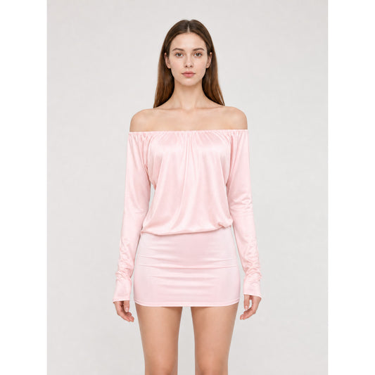 Fitted off-the-shoulder mini dress with sleeves front view