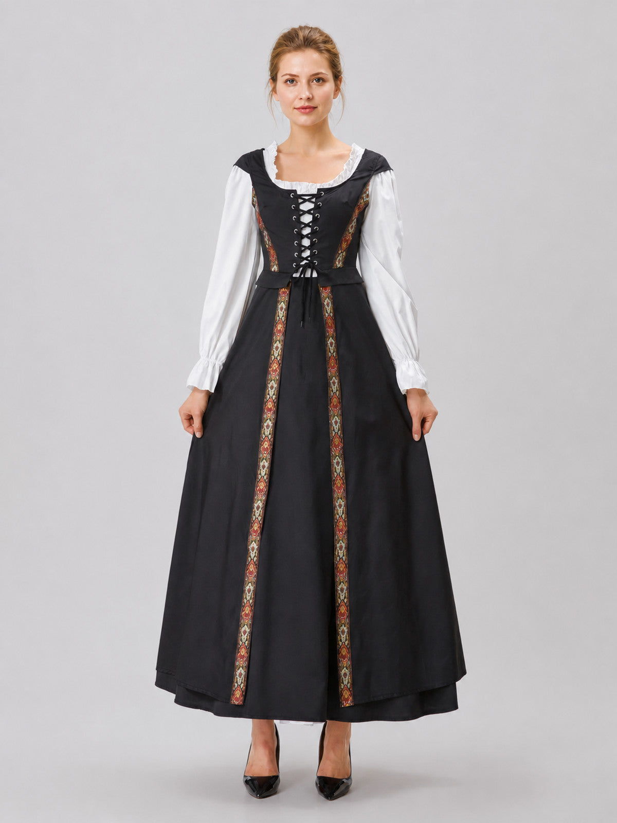 Black Dress with Lace Collar and Ethnic Pattern