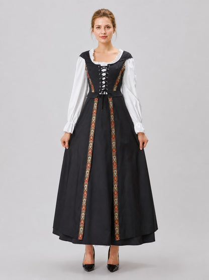 Black Dress with Lace Collar and Ethnic Pattern