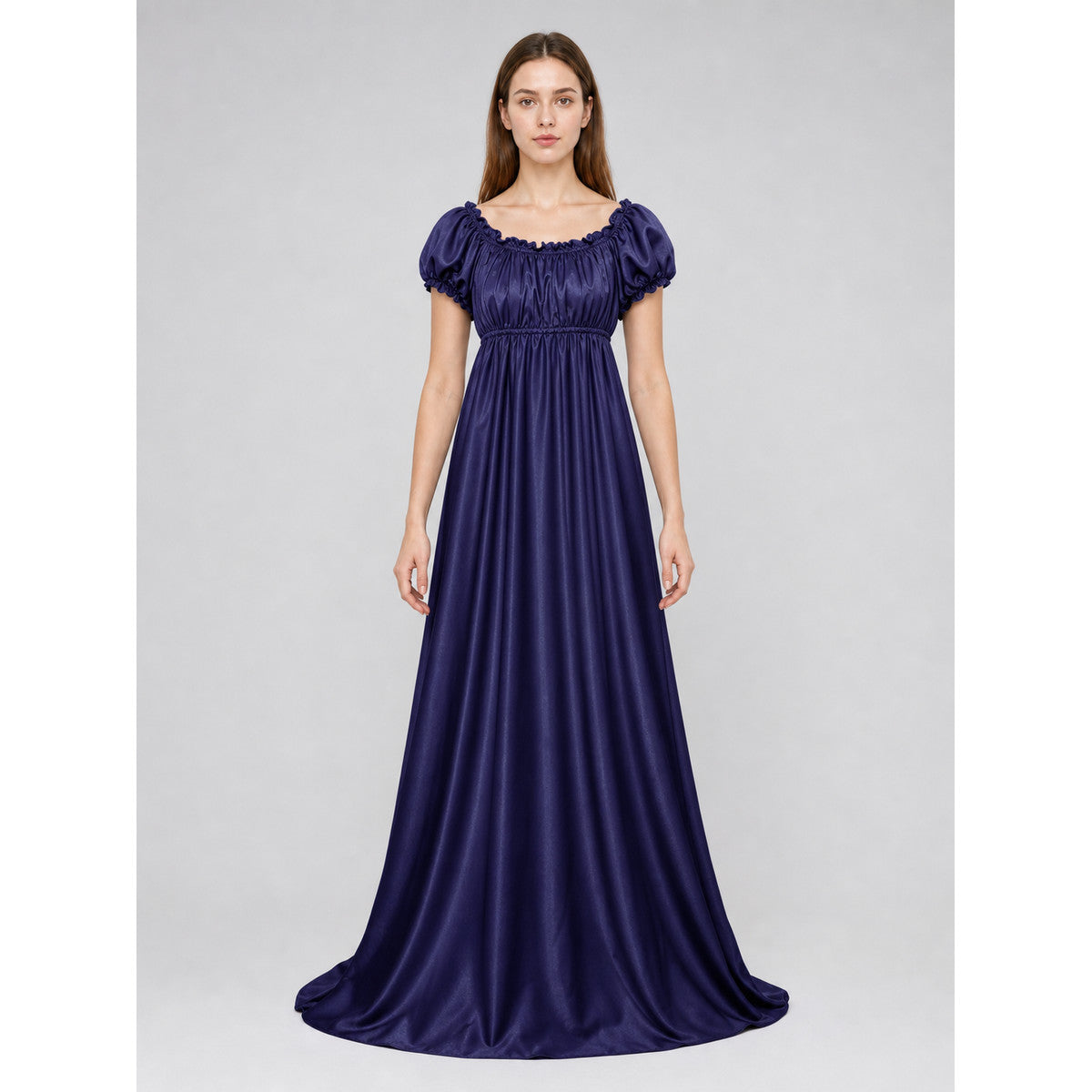 Long Dress with Puff Sleeves and Train front view