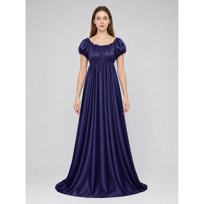 Long Dress with Puff Sleeves and Train front view