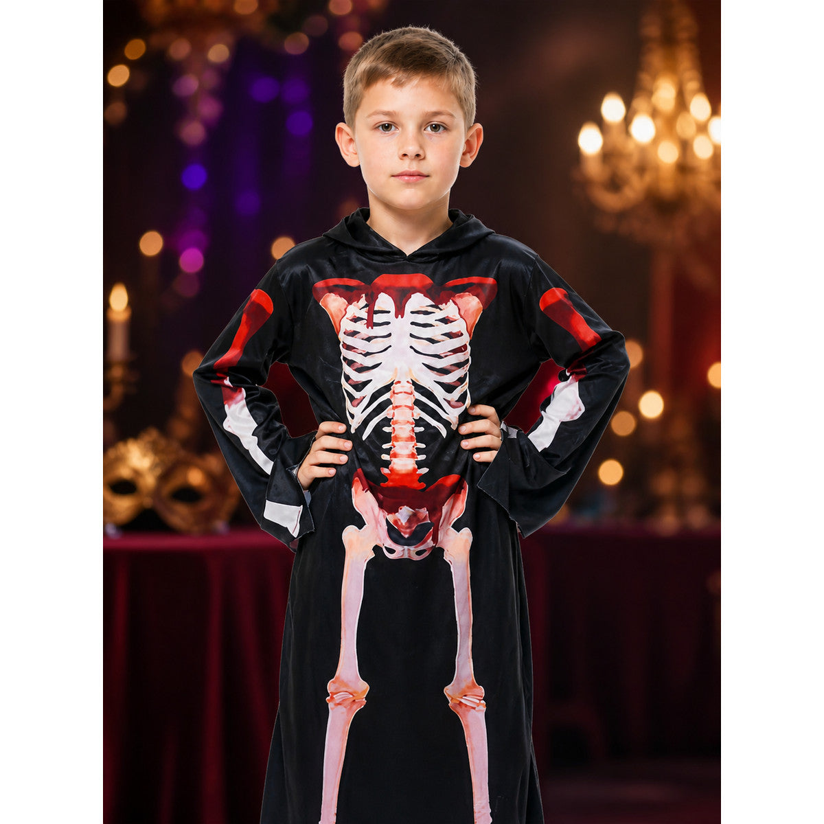 Hooded Skeleton Jumpsuit Costume with Full Bone Print for Halloween on-model view