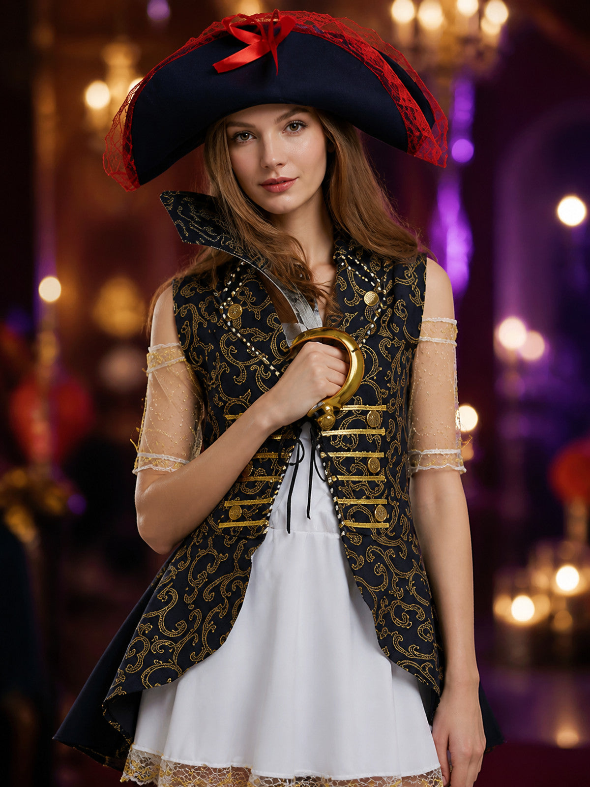 Adult Pirate Costume Set With Lace Dress, Ornate Jacket And Hat