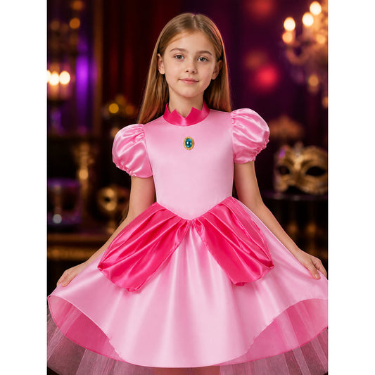 Girls Princess Peach Super Mario Halloween Costume Dress, Pink Tulle Puff Sleeve on-model view