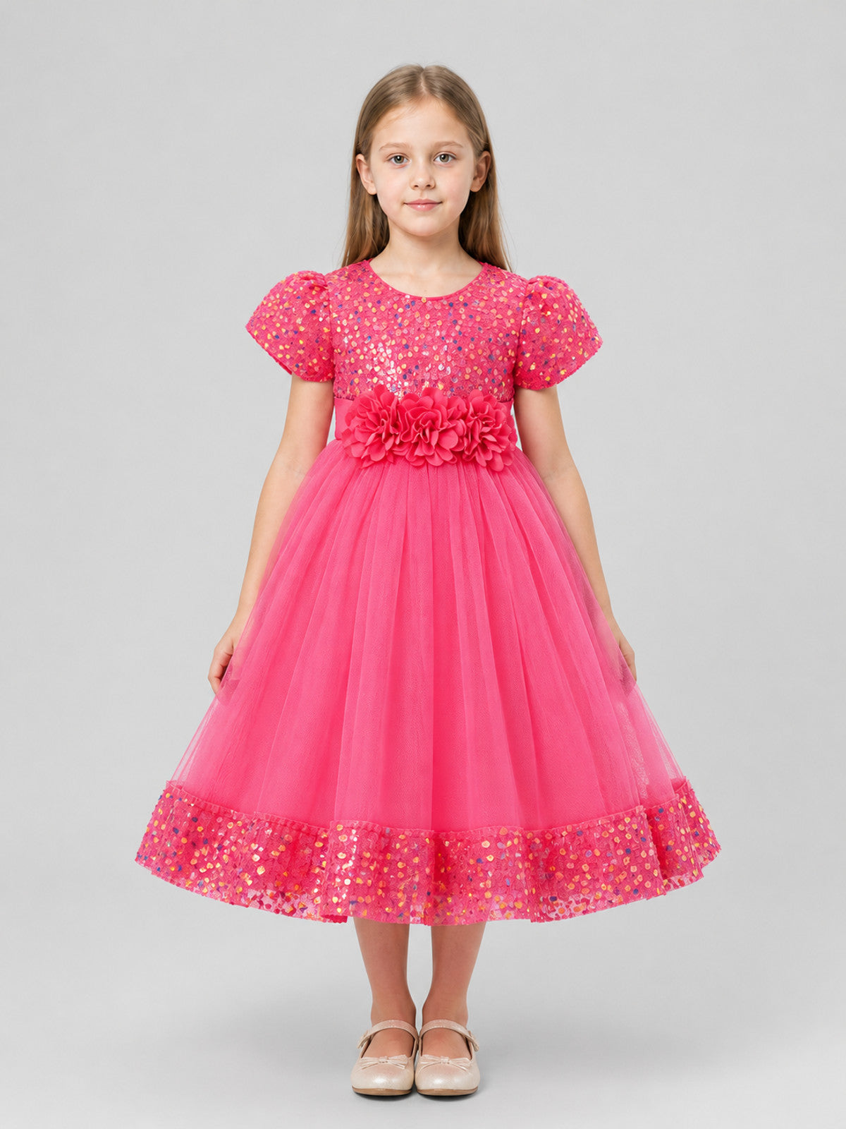 Girls' Dressy Sequin Dress with 3D Flowers on-model view