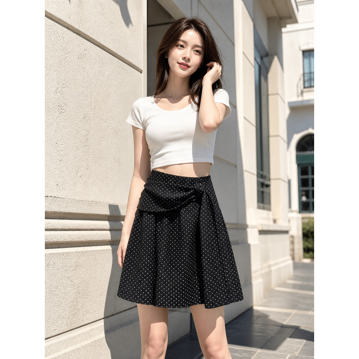 Women's Polka-Dot Wrap Midi Skirt with an A-Line Silhouette
