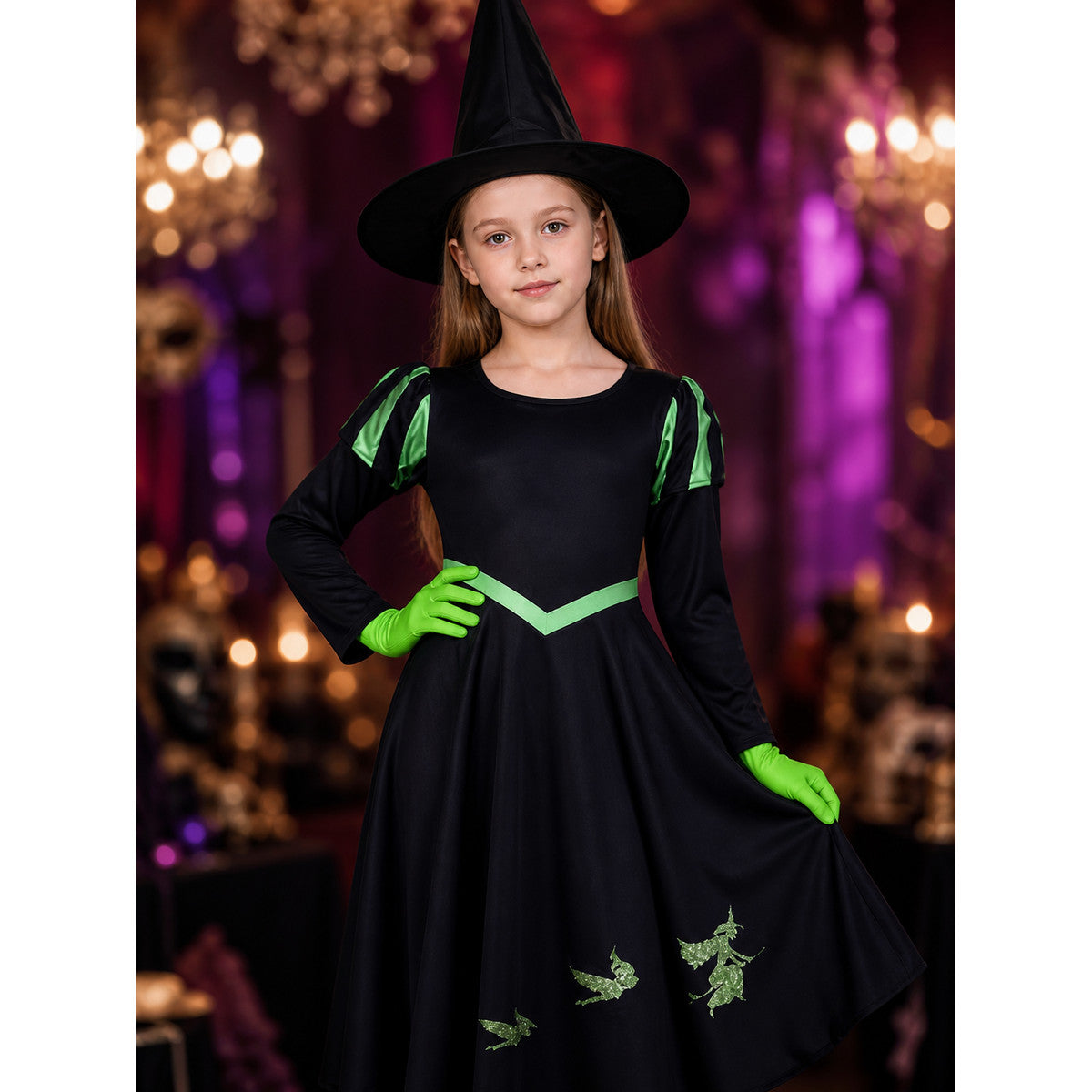 Unisex Witch Costume Set, Black Long Sleeve A-Line Dress with Green V Trim, Hat on-model view