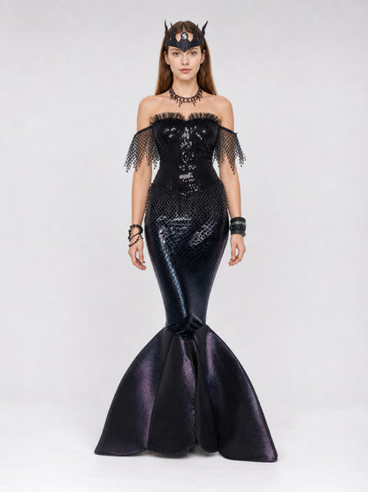 Black Sequin Mermaid Dress for Cosplay on-model view
