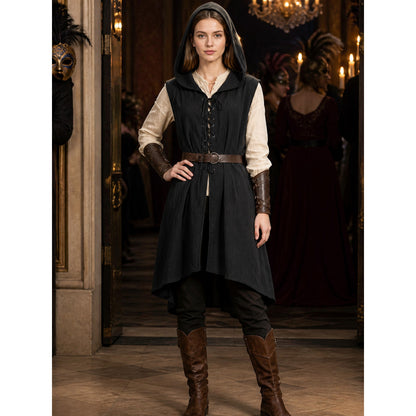 Black hooded dress with brown belt, cream sleeves, leather-look bracers and tall boots shown full-body on a model indoors