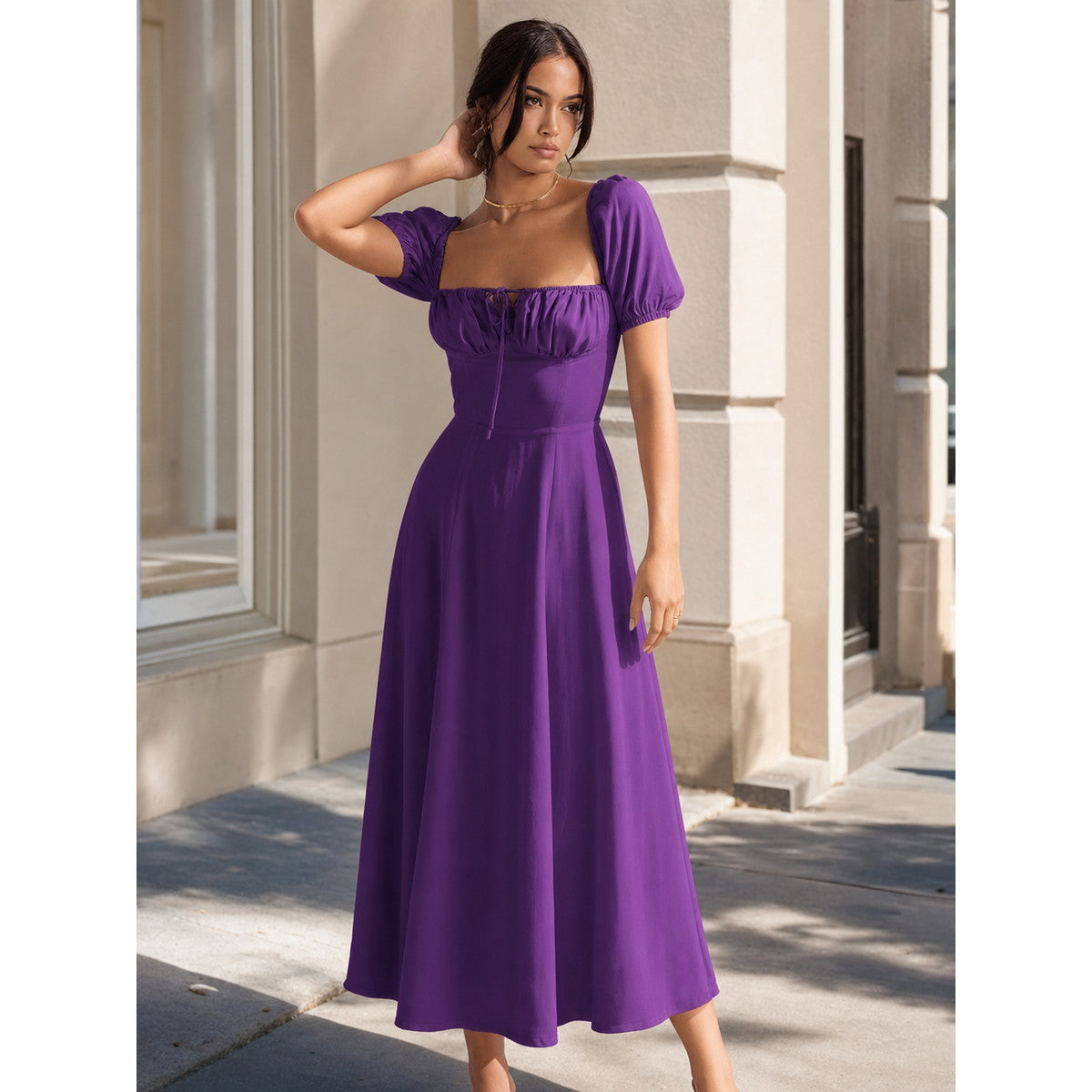 Women's Dress with a Square Neckline and Puff Sleeves main product view