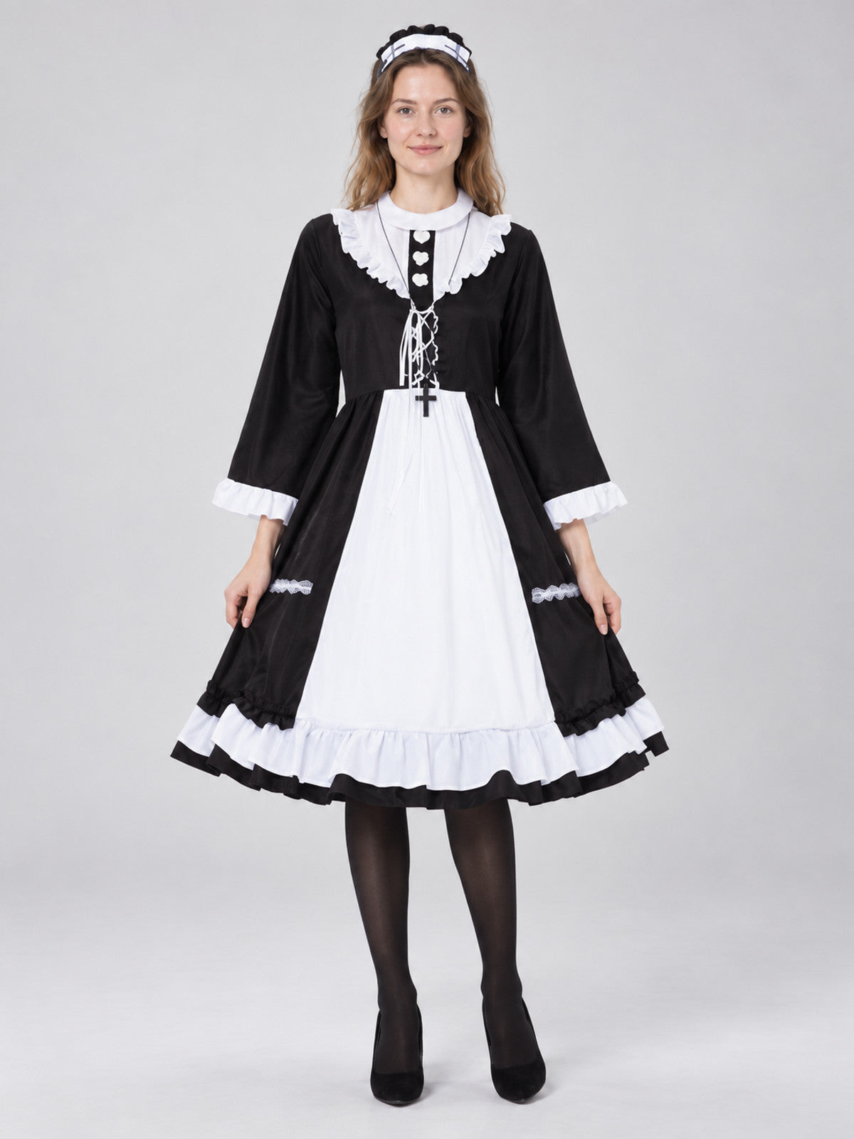 Black and White Maid Costume with Lace and Cross