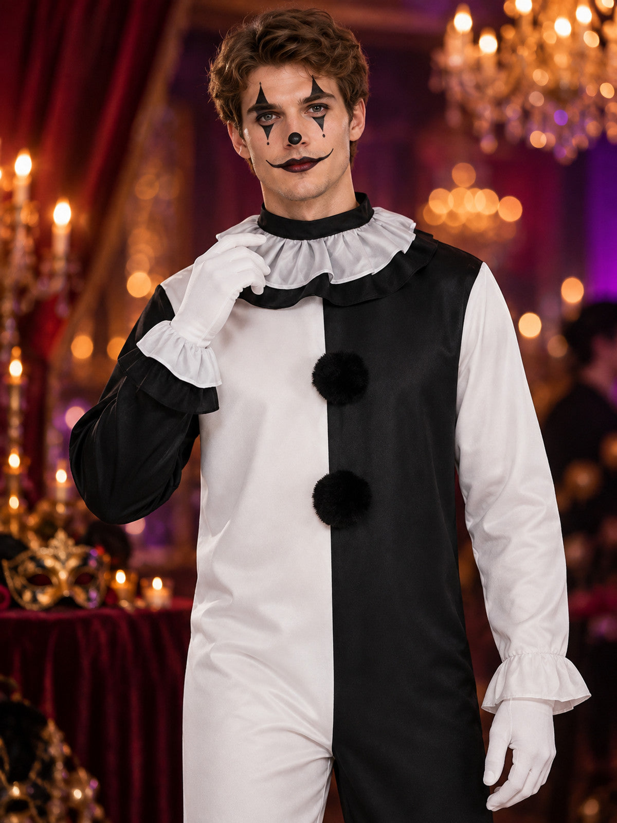 Clown Costume Black and White Jumpsuit with Ruffles and Gloves