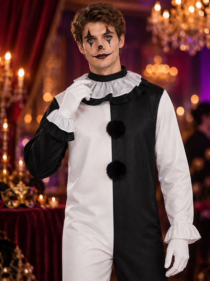Clown Costume Black and White Jumpsuit with Ruffles and Gloves