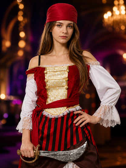 Women's Pirate Costume with Corset and Skirt for Halloween on-model view