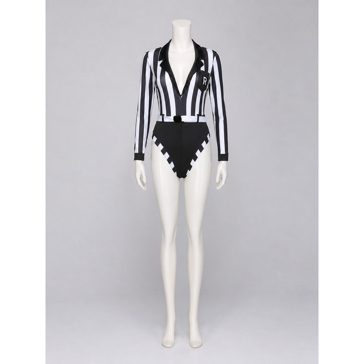 Black and White Striped Jumpsuit with Notched Collar