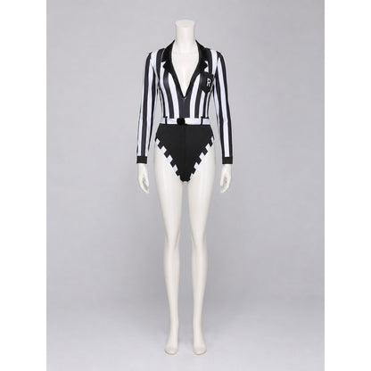 Black and White Striped Jumpsuit with Notched Collar