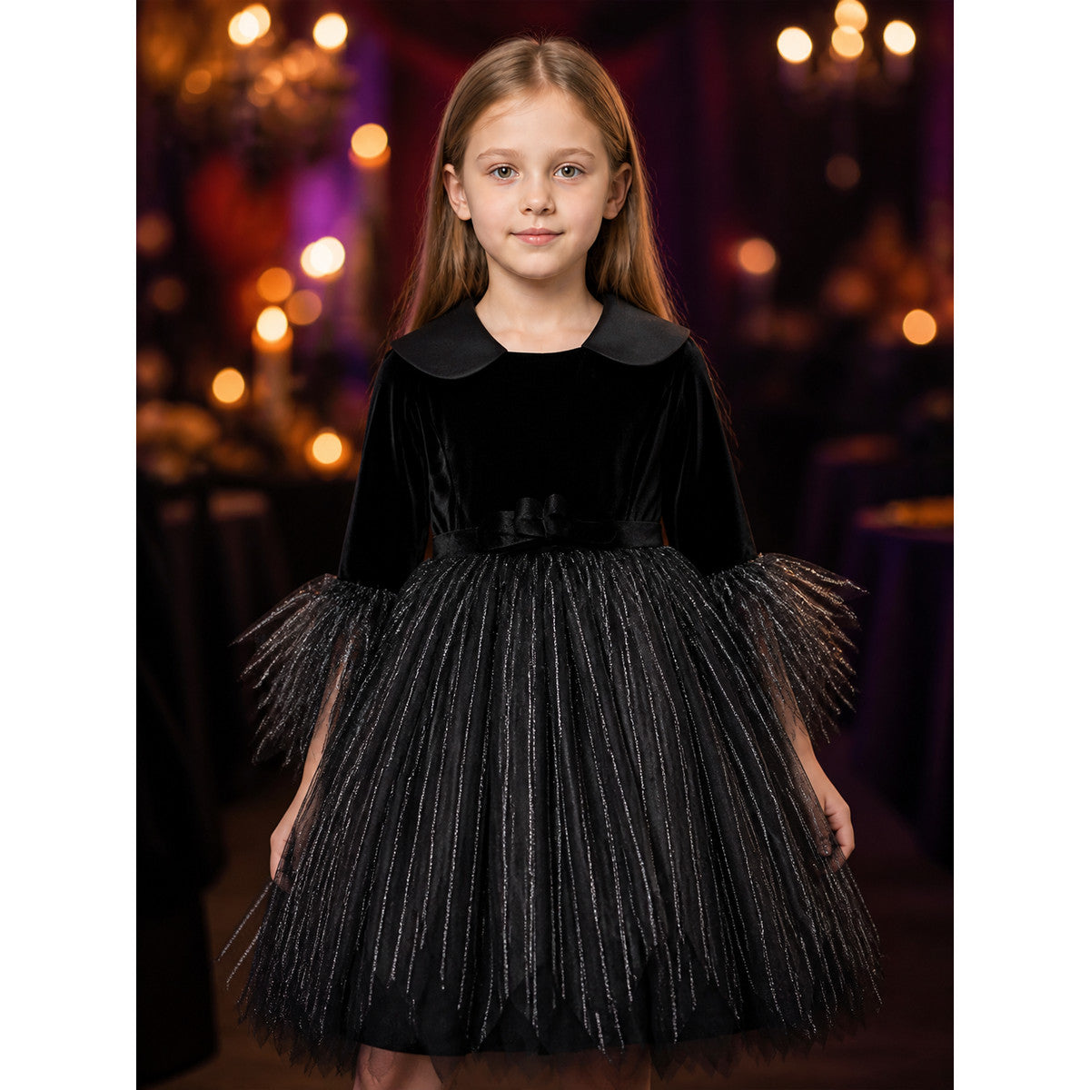 Women's Witch Costume Dress, Black Long Sleeve Layered Halloween Outfit on-model view