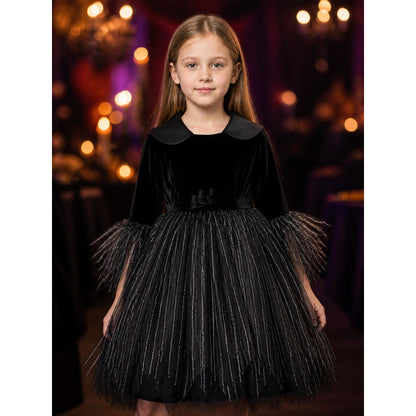 Women's Witch Costume Dress, Black Long Sleeve Layered Halloween Outfit on-model view