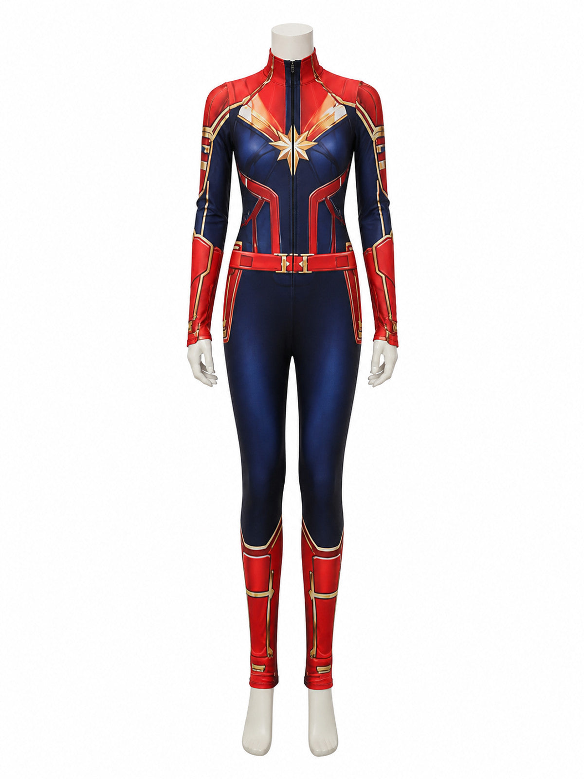 Children's Red Blue Star Superhero Jumpsuit Costume With Gold Accents on-model view
