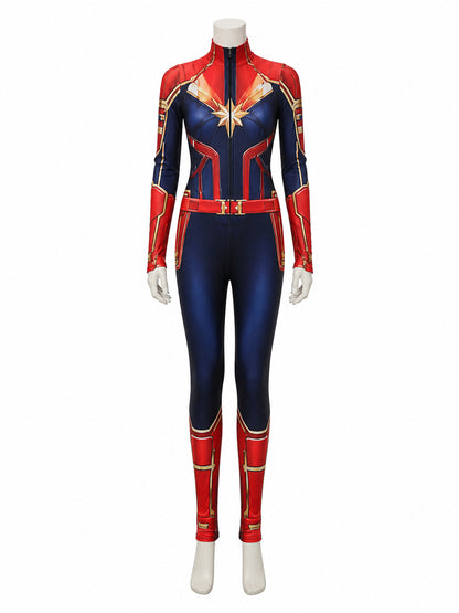 Children's Red Blue Star Superhero Jumpsuit Costume With Gold Accents on-model view