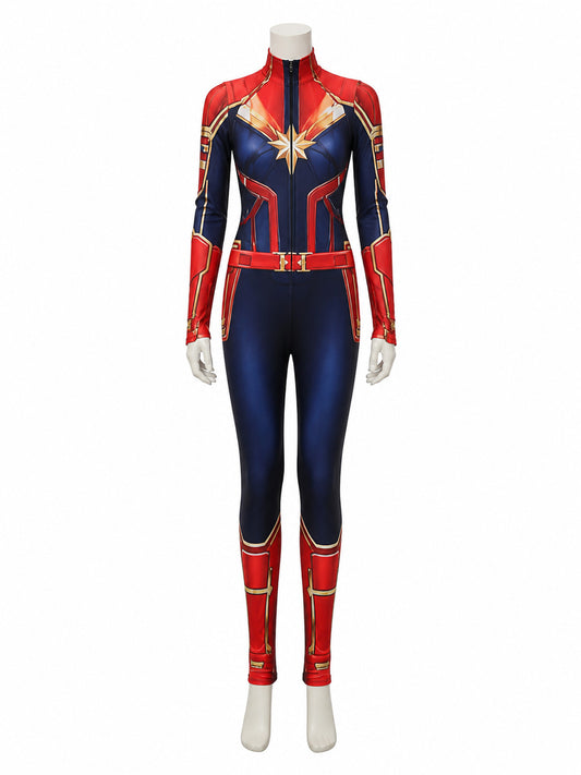 Children's Red Blue Star Superhero Jumpsuit Costume With Gold Accents on-model view