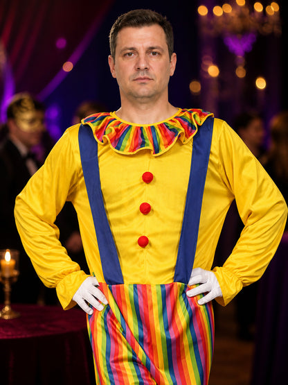 Adult Clown Jumpsuit Costume, Colorful Stripes, Suspender Style Halloween Party on-model view