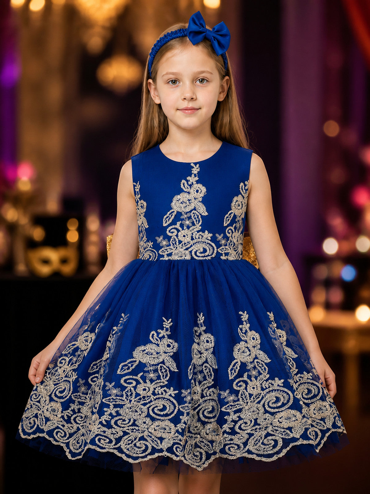Girls' Blue Princess Dress and Bow Headband Set with Gold Floral Embroidery on-model view