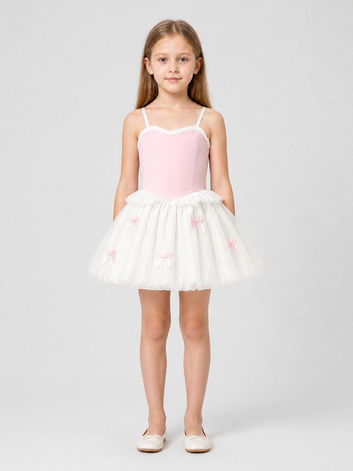 Pink and White Princess Dress for Girls with Bows on-model view