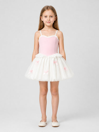 Pink and White Princess Dress for Girls with Bows on-model view