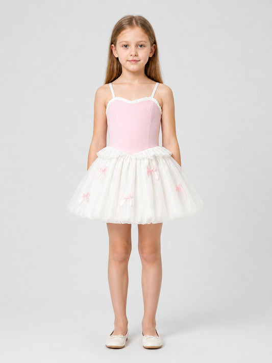 Pink and White Princess Dress for Girls with Bows on-model view