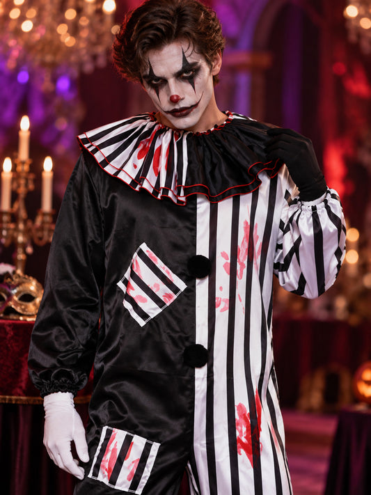 evil clown costume with striped print and gloves
