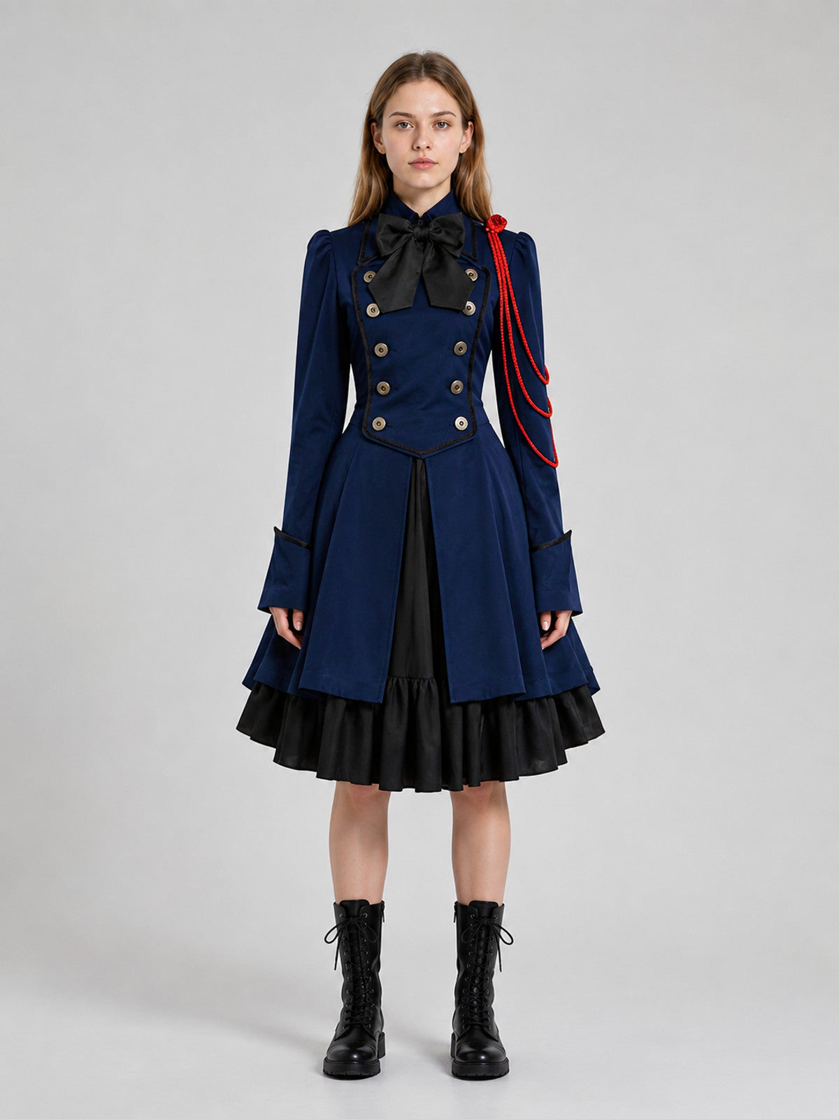 Gothic Retro Dress with Bow and Stand-Up Collar on-model view