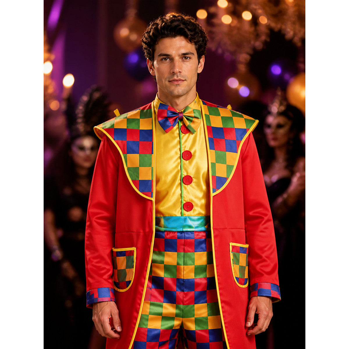 Unisex Jester Costume Set, Colorful Checkered Print with Bow Tie, Halloween on-model view