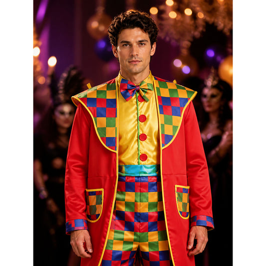 Unisex Jester Costume Set, Colorful Checkered Print with Bow Tie, Halloween on-model view