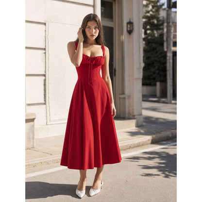 Red Midi Dress with Ruched Bodice and Lacing