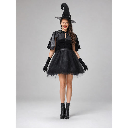 Witch Costume: Dress with Full Skirt, Hat, and Gloves
