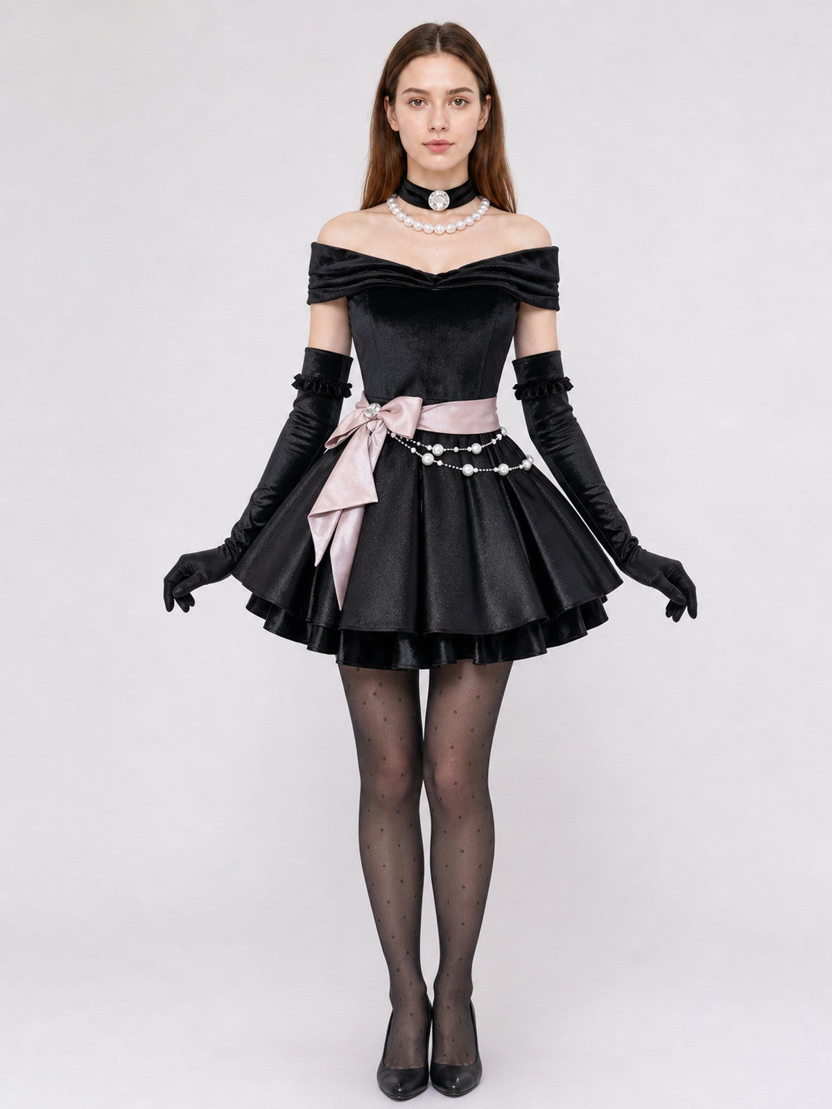 Gothic cosplay dress costume with gloves on-model view