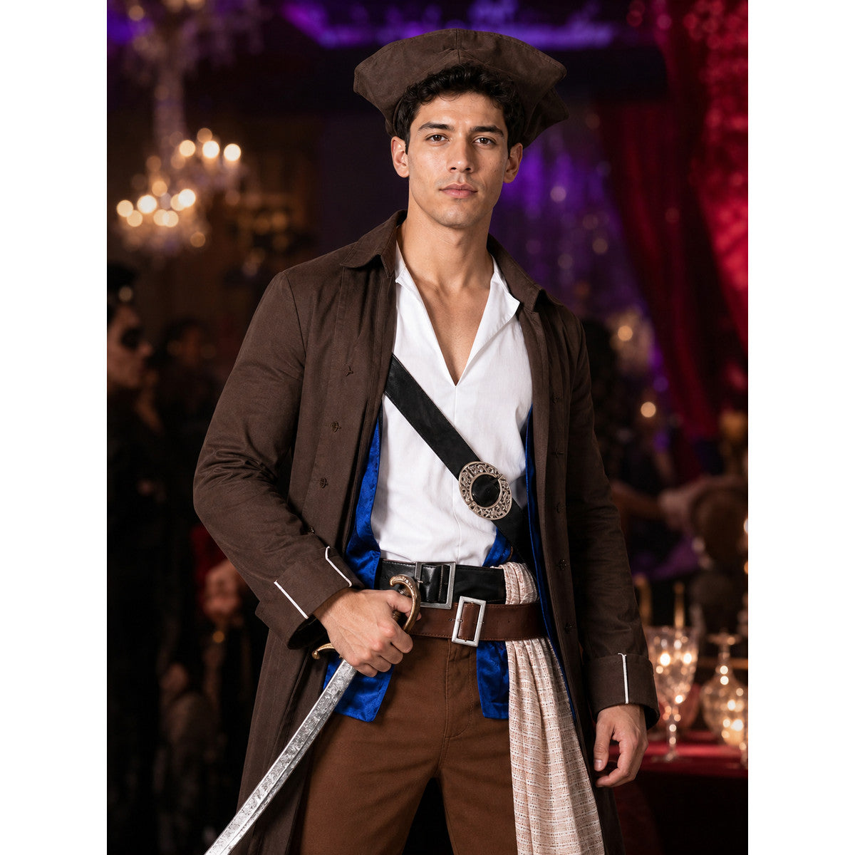 Adult Pirate Costume Set with Long Coat, Vest, Shirt, Hat, Belts, Pants and Boot on-model view