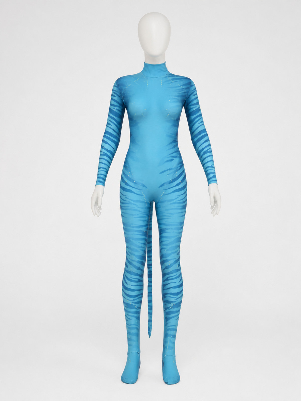 Kids Avatar Blue Alien Bodysuit Halloween Costume with Tail and Headpiece on-model view