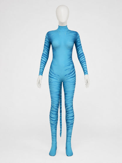 Kids Avatar Blue Alien Bodysuit Halloween Costume with Tail and Headpiece on-model view
