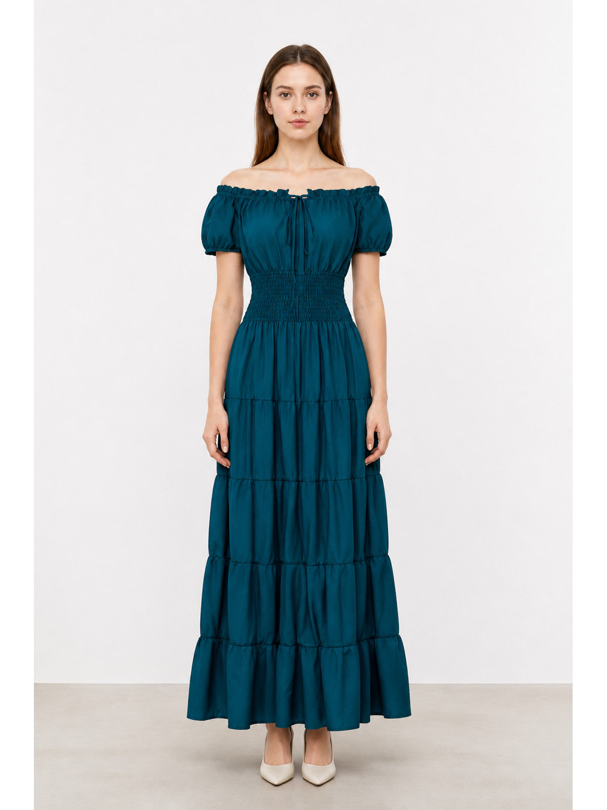Long Dress with Off-the-Shoulder Neckline and Tiered Skirt main product view