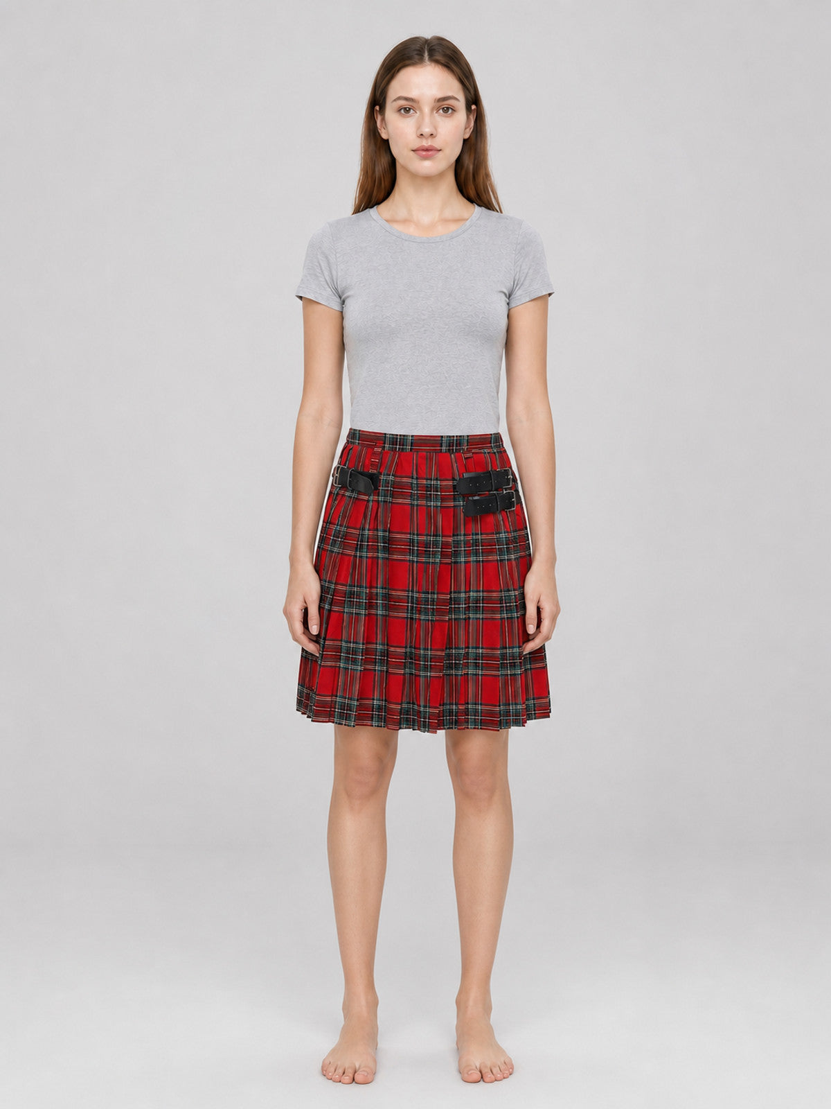 Plaid Pleated Skirt with Black Straps on-model view
