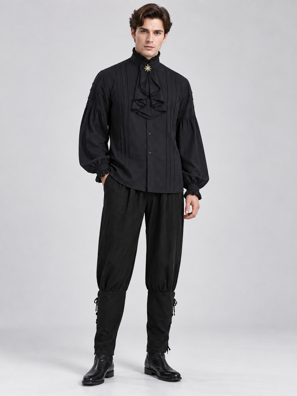 Medieval-Style Costume in Black with a Jabot and Star Brooch