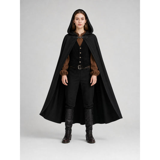 Long black hooded carnival cloak