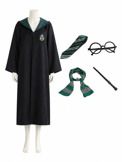 Slytherin Themed Wizard Costume Set: Dark Green Hooded Robe, Scarf, Tie, Glasses on-model view