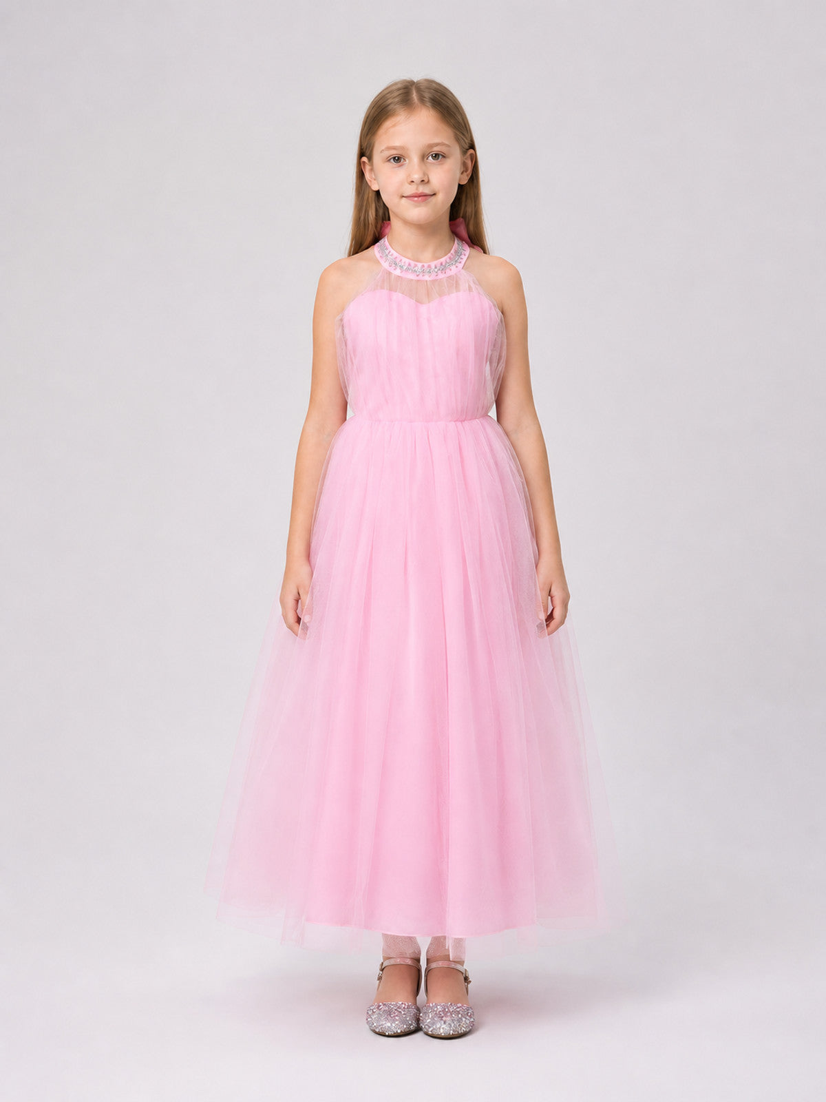 Pink Dress with a Full Skirt and Halter Neckline