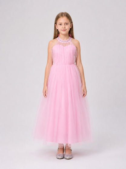 Pink Dress with a Full Skirt and Halter Neckline